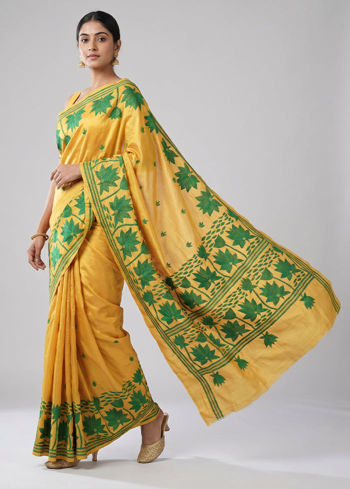 Yellow Kantha Stitch Silk Saree With Blouse Piece