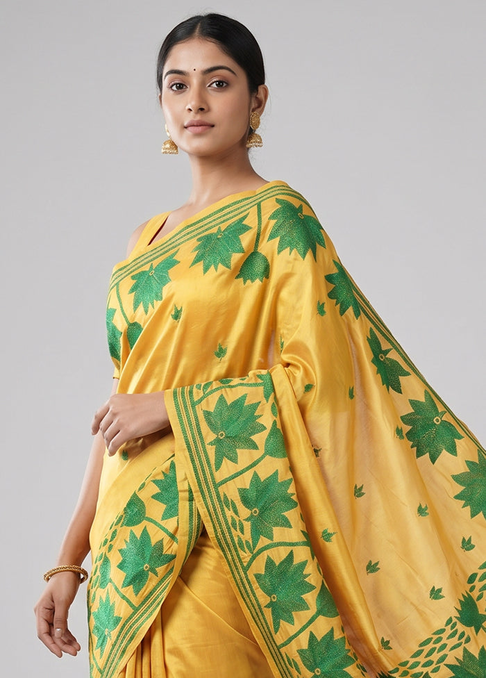 Yellow Kantha Stitch Silk Saree With Blouse Piece