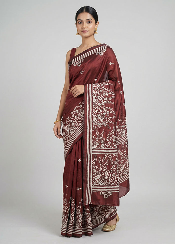 Maroon Kantha Stitch Silk Saree With Blouse Piece