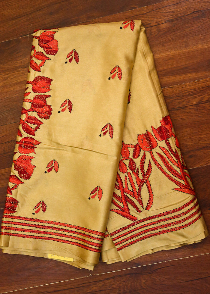 Yellow Kantha Stitch Silk Saree With Blouse Piece