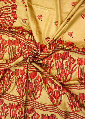 Yellow Kantha Stitch Silk Saree With Blouse Piece