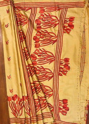 Yellow Kantha Stitch Silk Saree With Blouse Piece