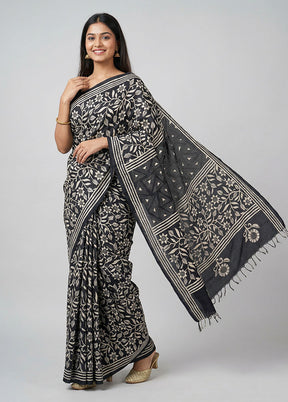 Black Kantha Stitch Silk Saree With Blouse Piece