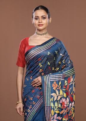 Blue Kantha Stitch Silk Saree With Blouse Piece