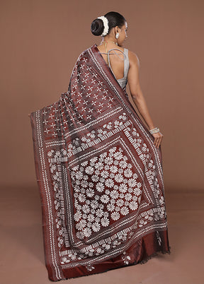 Maroon Kantha Stitch Silk Saree With Blouse Piece