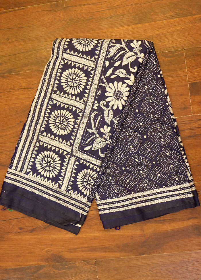 Blue Kantha Stitch Silk Saree With Blouse Piece