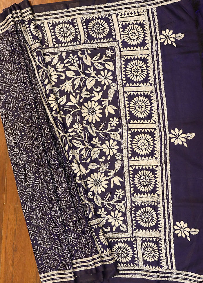Blue Kantha Stitch Silk Saree With Blouse Piece