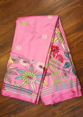 Pink Kantha Stitch Silk Saree With Blouse Piece