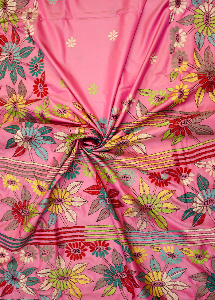 Pink Kantha Stitch Silk Saree With Blouse Piece