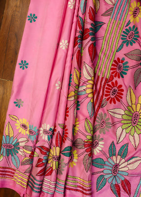 Pink Kantha Stitch Silk Saree With Blouse Piece