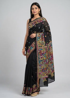 Black Kantha Stitch Silk Saree With Blouse Piece