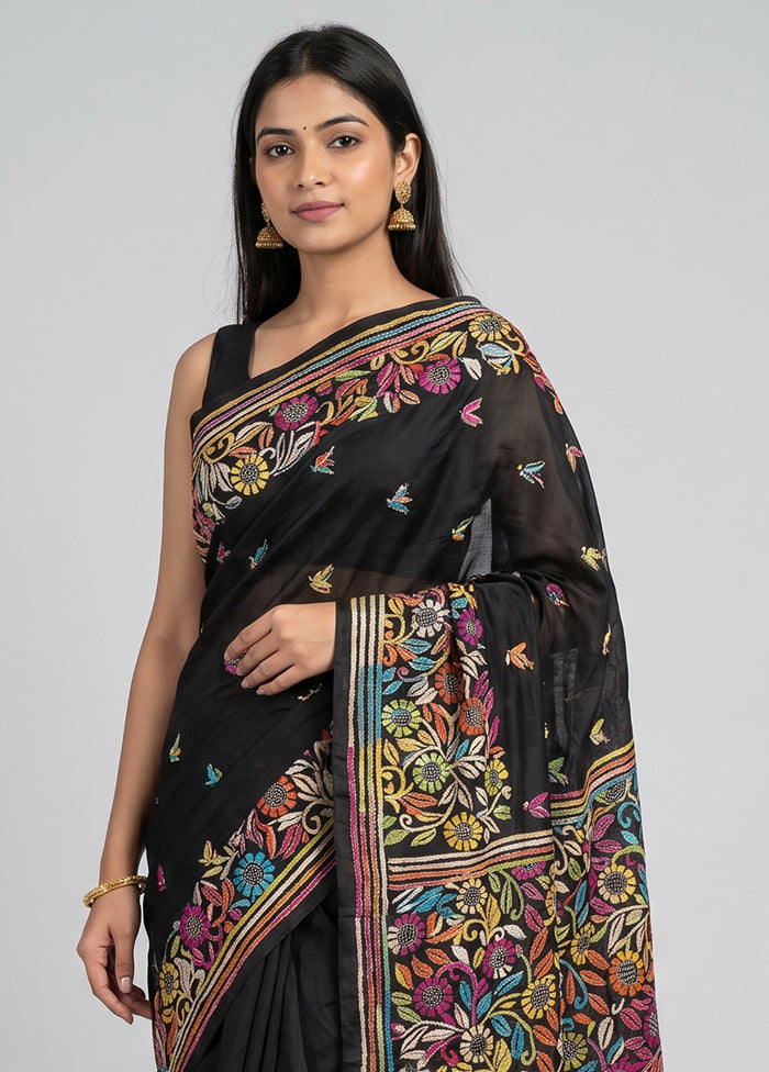 Black Kantha Stitch Silk Saree With Blouse Piece