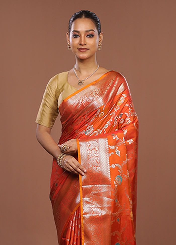Orange Dupion Silk Saree With Blouse Piece