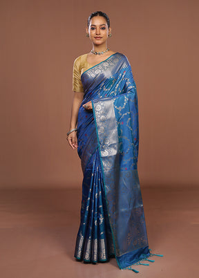 Blue Dupion Silk Saree With Blouse Piece
