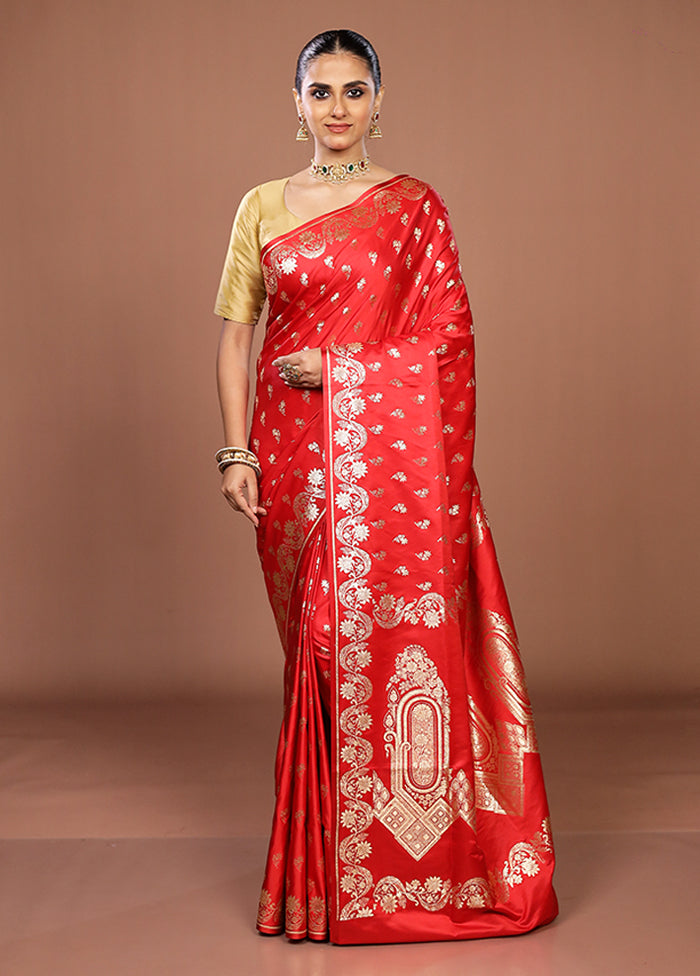 Red Banarasi Silk Saree With Blouse Piece