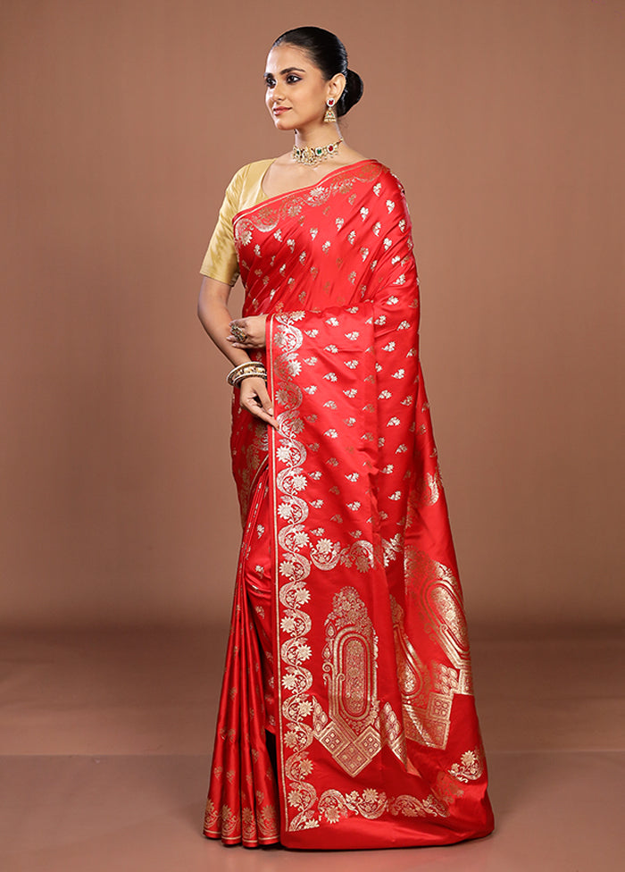 Red Banarasi Silk Saree With Blouse Piece