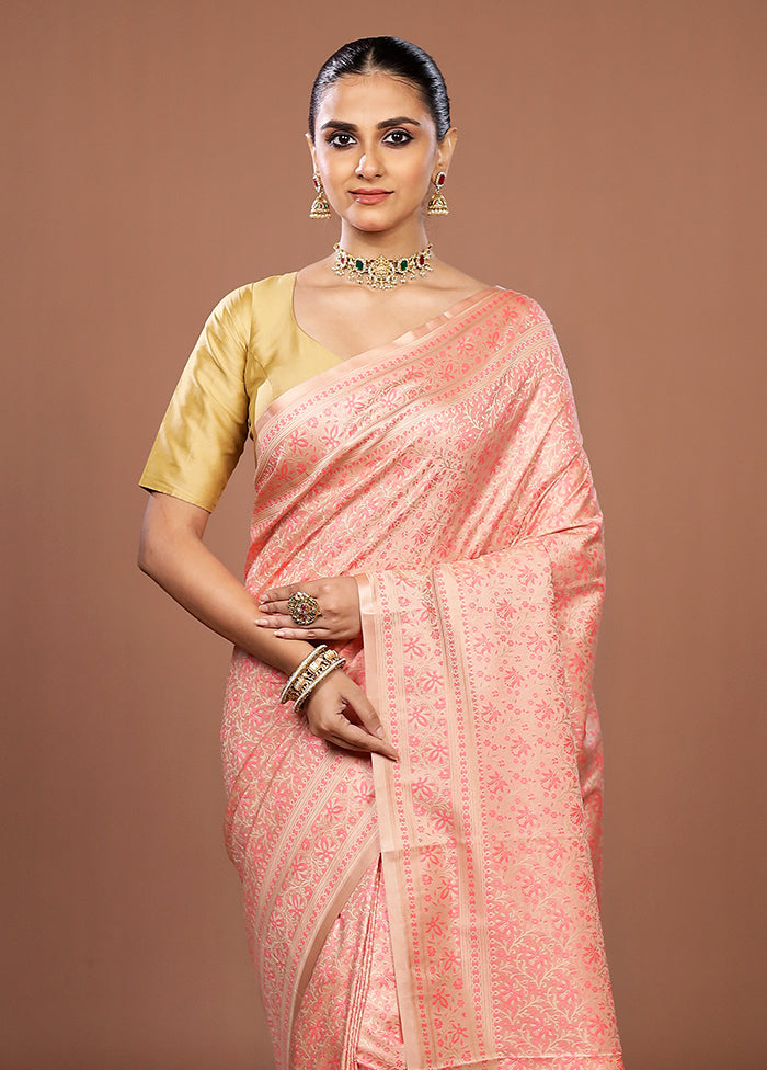 Pink Jamewar Silk Saree With Blouse Piece