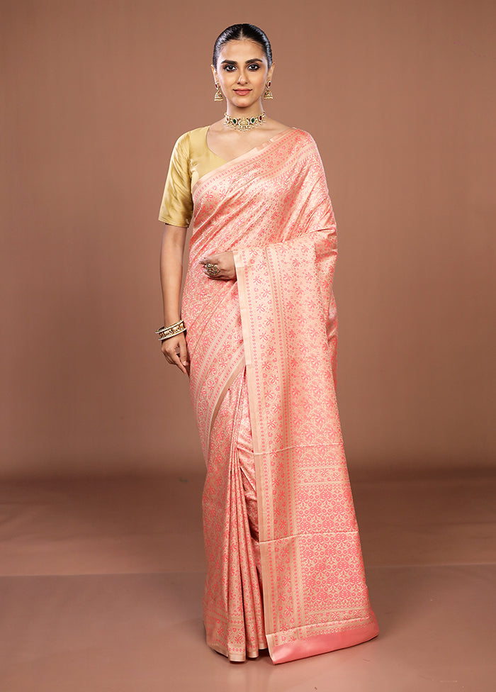 Pink Jamewar Silk Saree With Blouse Piece