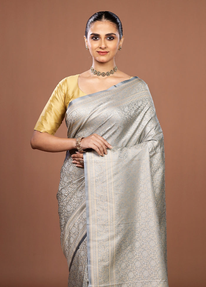 Grey Jamewar Silk Saree With Blouse Piece