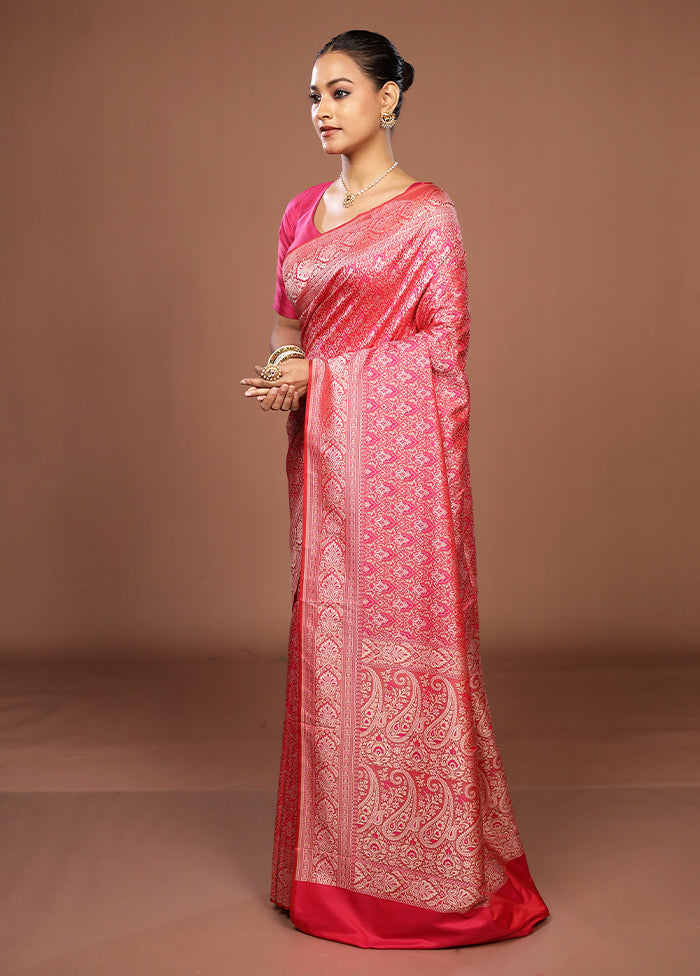 Pink Jamewar Silk Saree With Blouse Piece