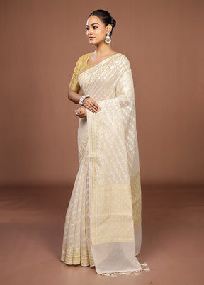 Cream Kora Silk Saree With Blouse Piece
