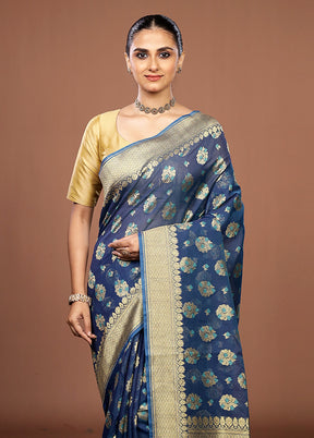 Blue Kora Silk Saree With Blouse Piece