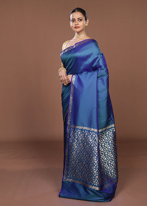 Blue Katan Silk Saree With Blouse Piece