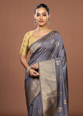 Grey Dupion Silk Saree With Blouse Piece