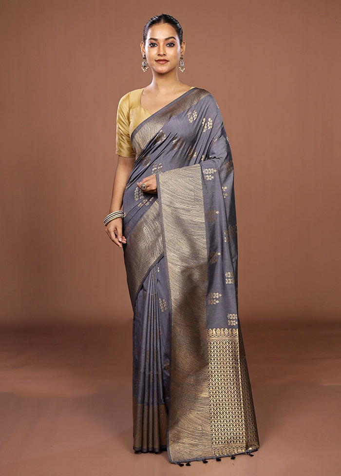 Grey Dupion Silk Saree With Blouse Piece