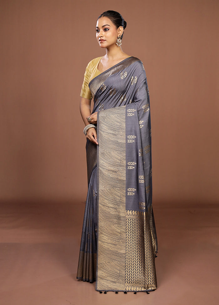 Grey Dupion Silk Saree With Blouse Piece