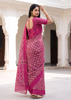 Pink Jamdani Cotton Saree Without Blouse Piece