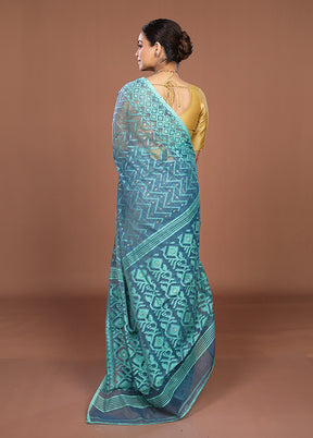 Blue Jamdani Cotton Saree Without Blouse Piece