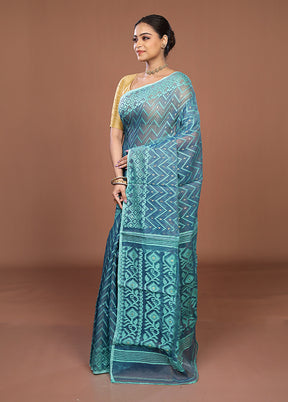 Blue Jamdani Cotton Saree Without Blouse Piece