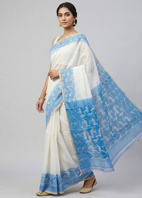 Blue Jamdani Cotton Saree Without Blouse Piece