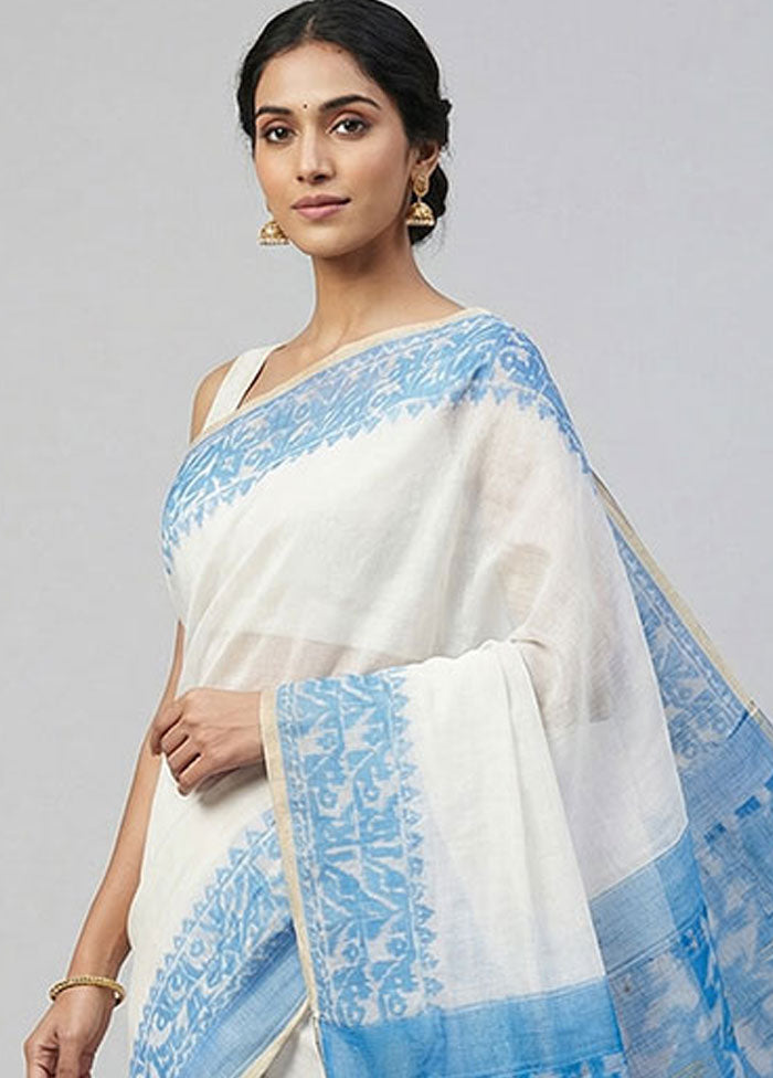 Blue Jamdani Cotton Saree Without Blouse Piece