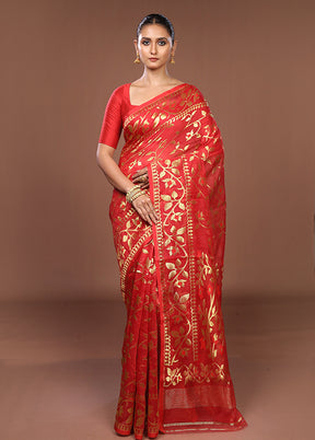 Red Jamdani Cotton Saree Without Blouse Piece