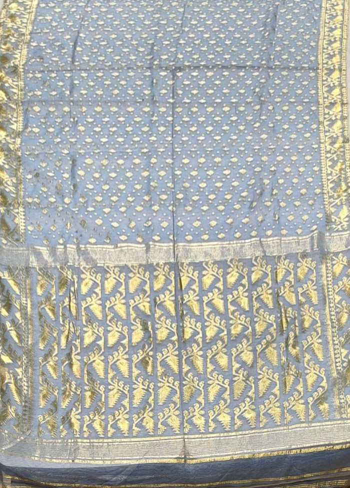 Blue Jamdani Cotton Saree Without Blouse Piece