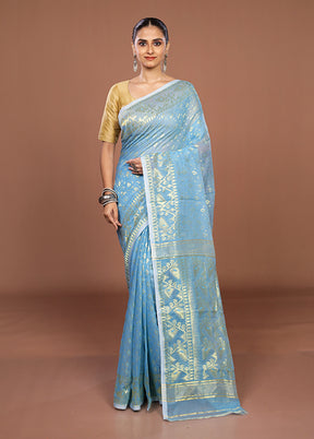 Blue Jamdani Cotton Saree Without Blouse Piece