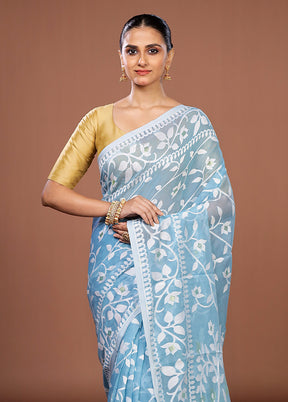 Blue Jamdani Cotton Saree Without Blouse Piece