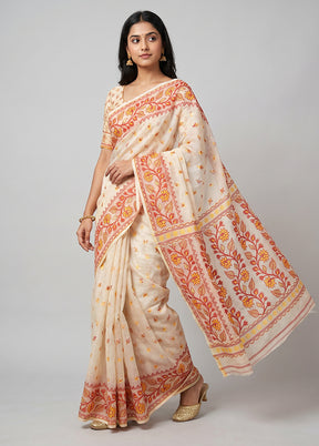 White Jamdani Cotton Saree Without Blouse Piece