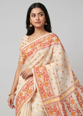White Jamdani Cotton Saree Without Blouse Piece