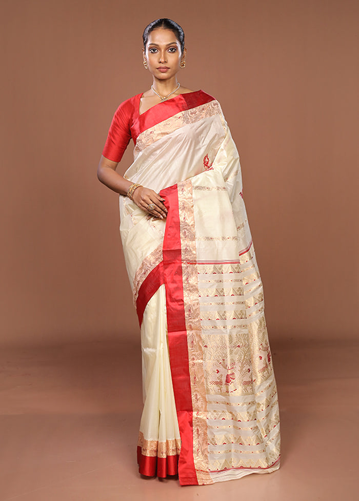 White Garad Pure Silk Saree Without Blouse Piece
