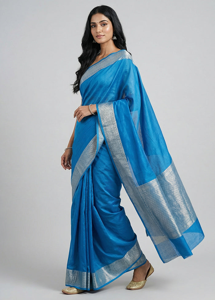 Blue Kora Silk Saree With Blouse Piece