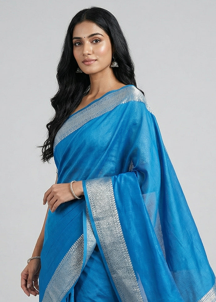 Blue Kora Silk Saree With Blouse Piece