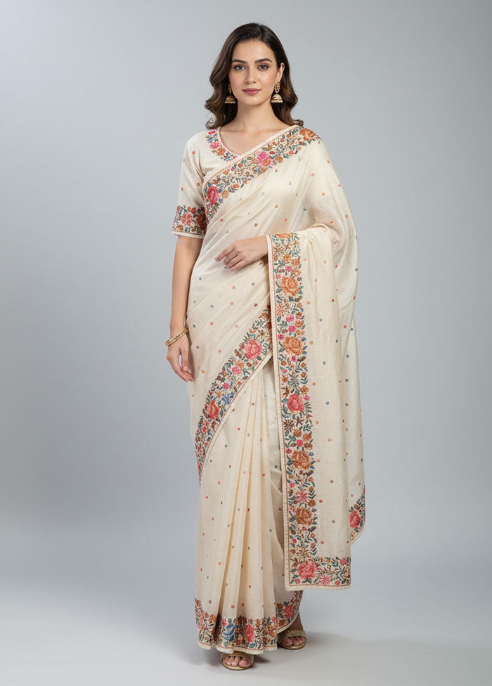 White Handloom Tussar Pure Silk Saree With Blouse Piece