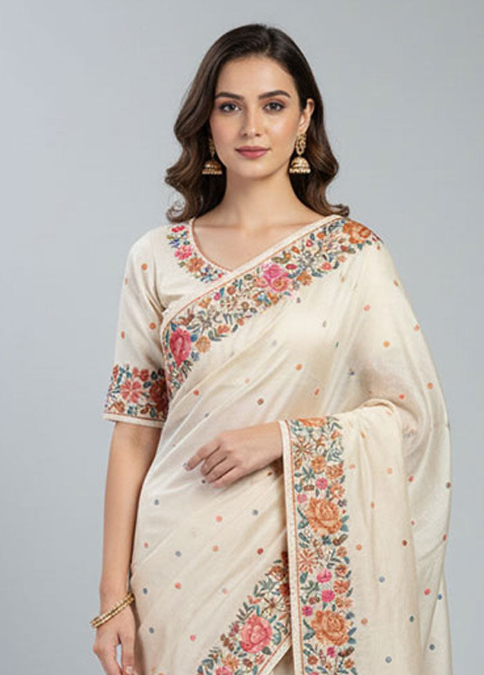 White Handloom Tussar Pure Silk Saree With Blouse Piece