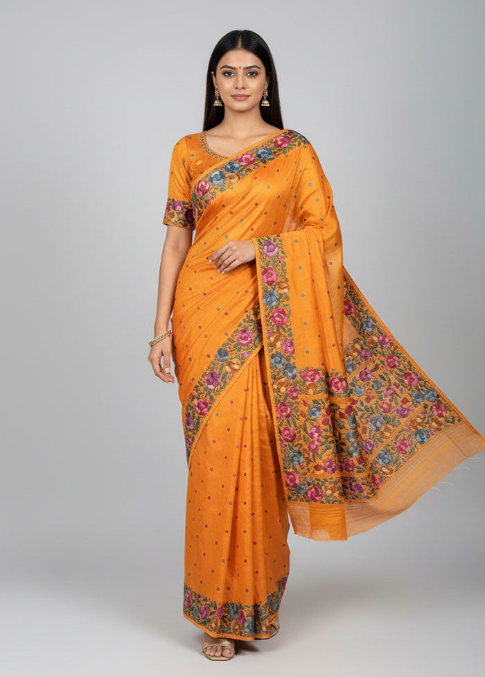 Yellow Handloom Tussar Pure Silk Saree With Blouse Piece