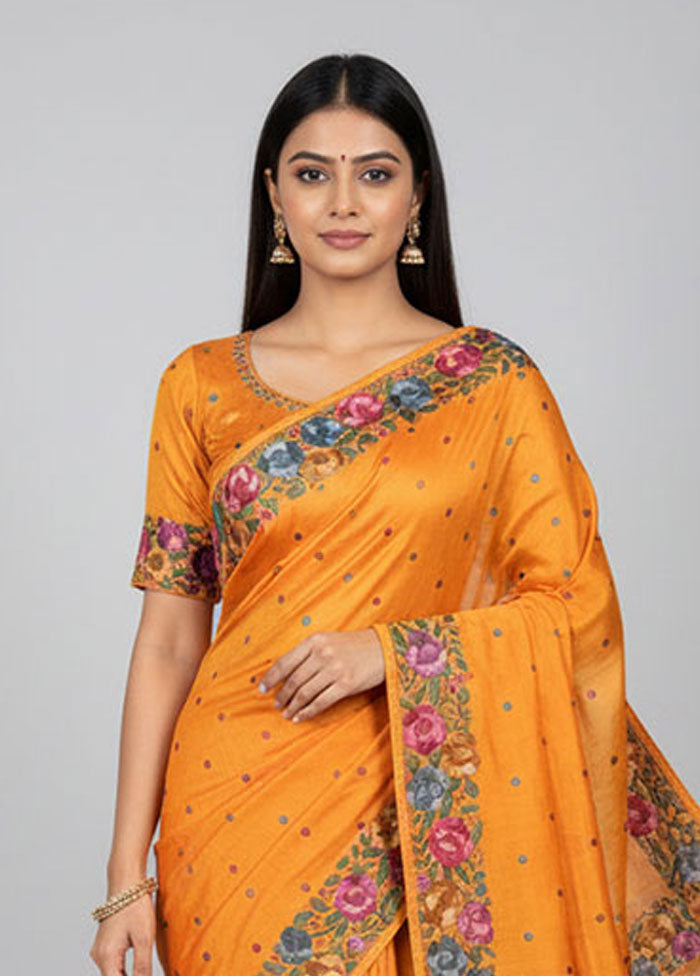 Yellow Handloom Tussar Pure Silk Saree With Blouse Piece