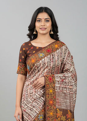 Brown Handloom Tussar Pure Silk Saree With Blouse Piece