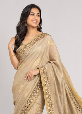 Cream Handloom Tussar Pure Silk Saree With Blouse Piece